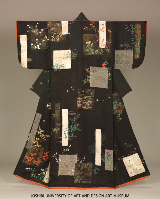 Kosode with seasonal flowers, shikishi and tanzaku poem slips