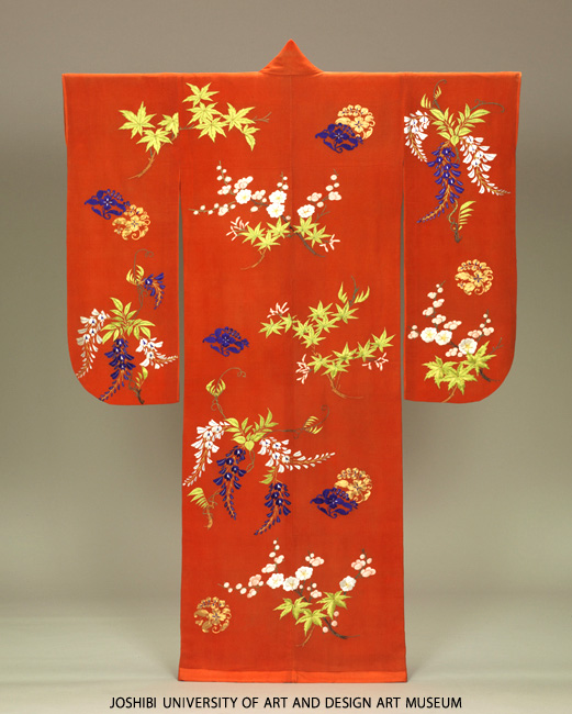 Furisode with branches of Japanese plum tree, wisteria and maples
