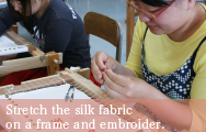 Stretch the silk fabric on a frame and embroider.