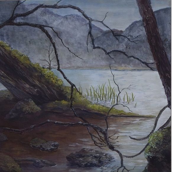 湖の水辺の風景縦